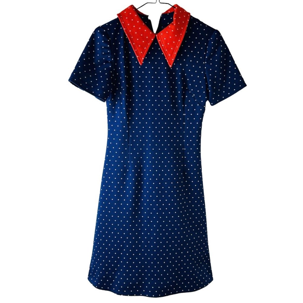 Vintage 1970s Color Block Polka Dot Pointed Collar Dress Rockabilly Disco